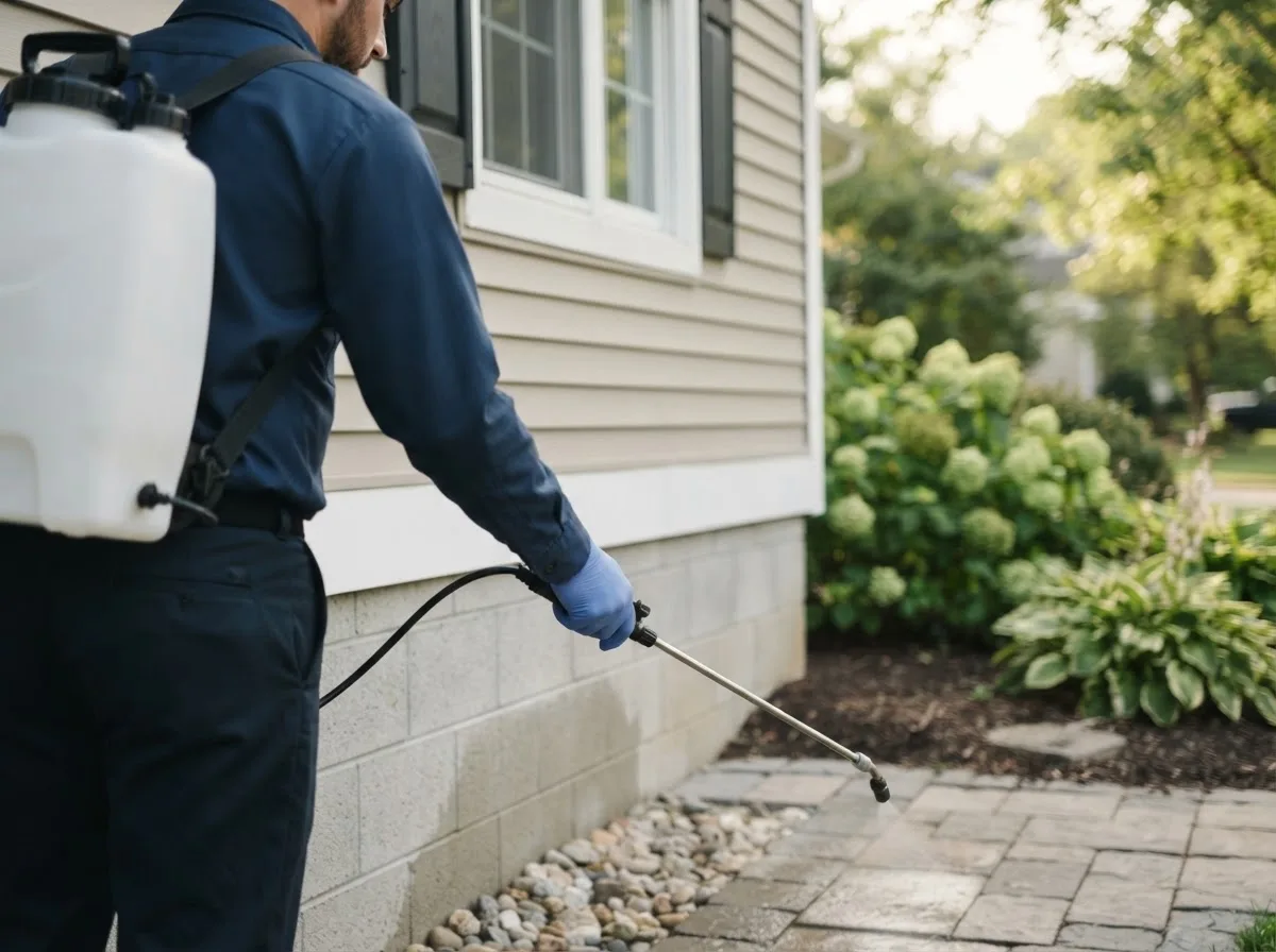 Pest control technician inspecting a home in Newport, NY